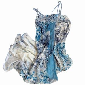 European Maxi Sheer Coverup Dress With Bows, Blue And White Size Medium